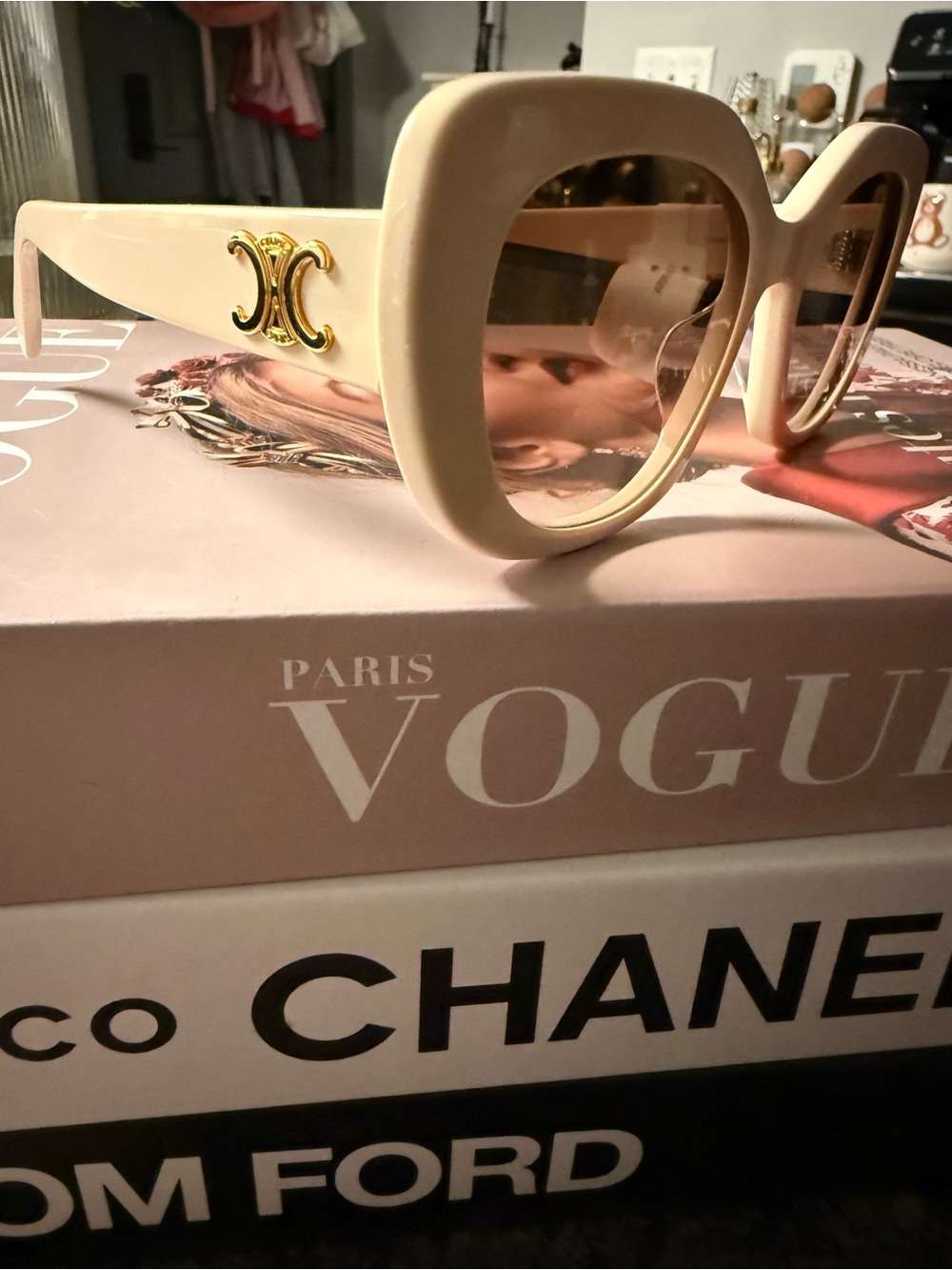 Celine Cream Oversized Square Sunglasses with Gold Logo Accent - Picture 2 of 6